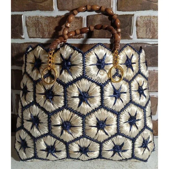 Vintage Straw Woven Blue Star Handbag - Picture 3 of 12